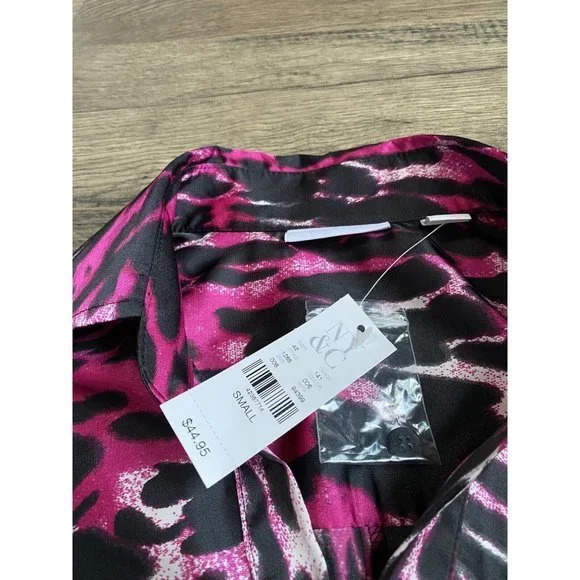 NWT Women New York & Company Stretch Button Up Tie Waist Satin Cheetah Pink Sz M - Picture 2 of 10